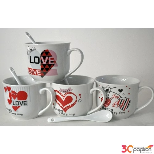 Kerámia bögre+kanál 300ml Valentin mintás csésze+kanál 