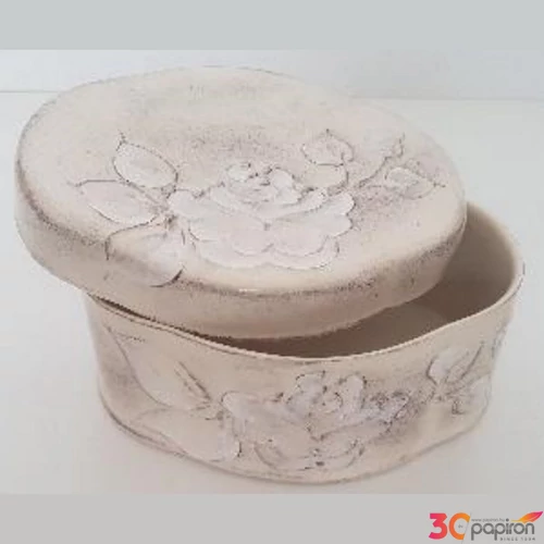 Kerámia doboz 15,5x11,5x8,5cm Domború mintás virágos natúr kézzel festett