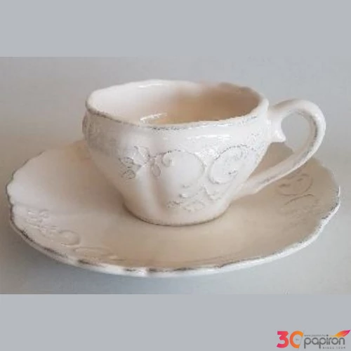 Kerámia kávésalj 15cm Romantik csipkés natur kézzel festett