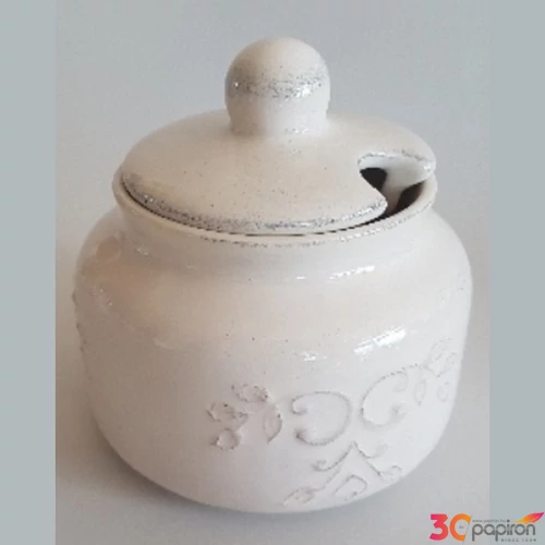 Kerámia méztartó 0,5l Romantik csipkés dia11,5 x12cm,natur kézzel festett-csurgatóval