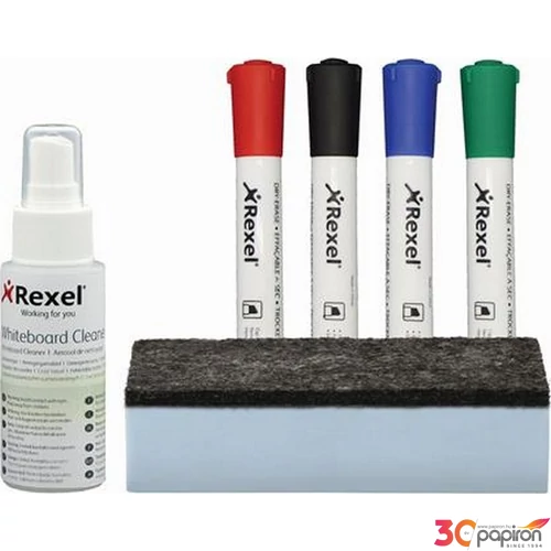 Fehértábla kezdőkészlet Rexel Quartet 4marker+törlő+tisztító folyadék Prezentáció REXEL 1903798