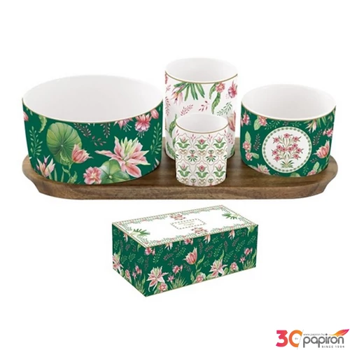 Kínálótálka szett Porcelán 4db-os, Botanic chic Akácfa tálcán, dobozban