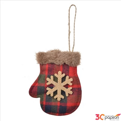 Kockás kesztyű függődísz hókristályos mintás, 8x10cm