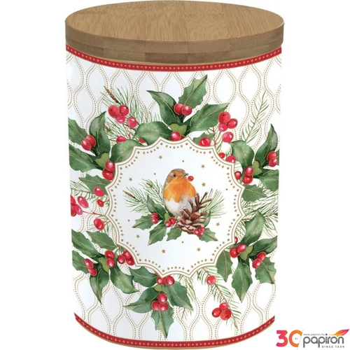 Konyhai tároló Porcelán Christmas Berries bambusz fedéllel, 11x16cm, dobozban