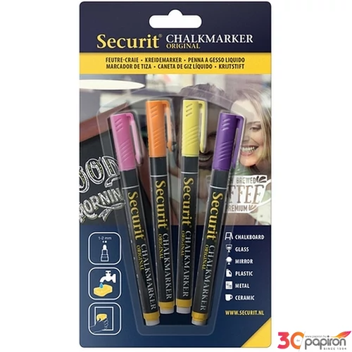 Krétamarker készlet 4db-os Securit vékony, 1-2 mm Sárga, Rózsa, Narancs, Lila üvegmarker