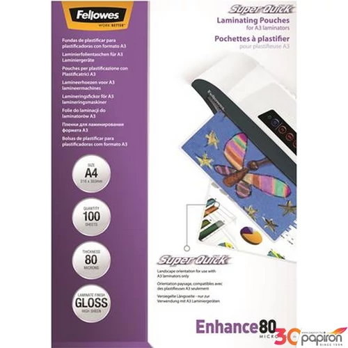 LamináLó fólia 80 mik Fellowes Meleglamináló-fólia A4 SuperQuick, fényes, 100db