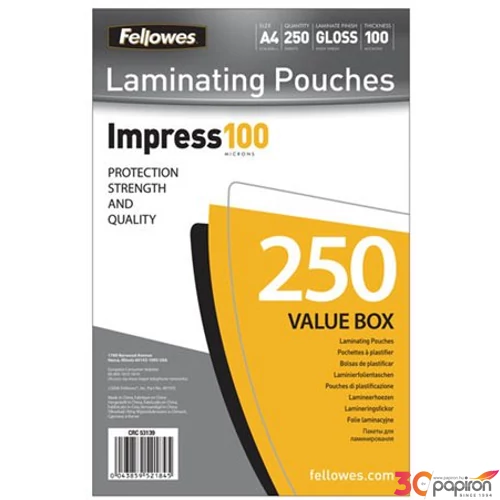 LamináLó fólia 125mik Fellowes A4 fényes lamináló fólia 250db/csom