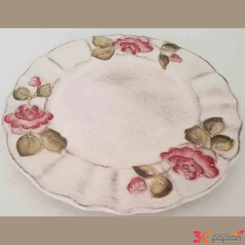 Tányér lapos kerámia 8,5x1,8cm virágos bordó lapostányér kézzel festett
