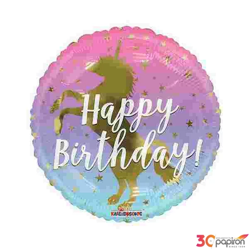 Paty lufi fólia 18'/46cm kerek Happy Birthday feliratos, Unikorn mintás 16032-18