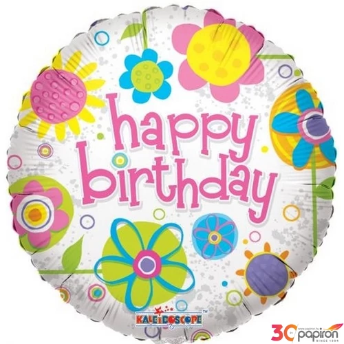 Paty lufi fólia 18' Happy Birt virágos 18inch/45cm Fólia Léggömb+hélium