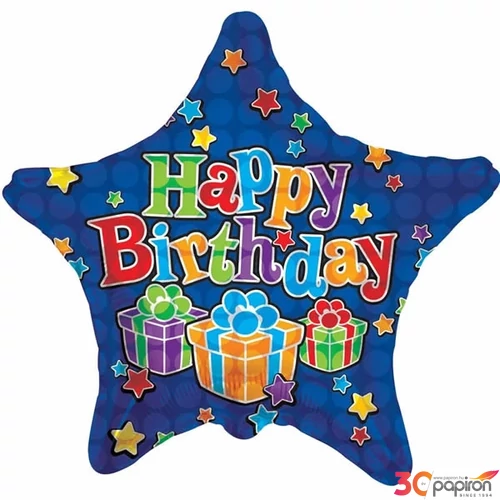 Paty lufi fólia Happy Birthday, kék 18"/45cm csillag