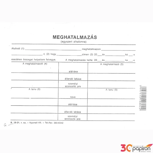 Ny B 18-21 meghatalmazás Meghatalmazás egyszeri alkalomra
