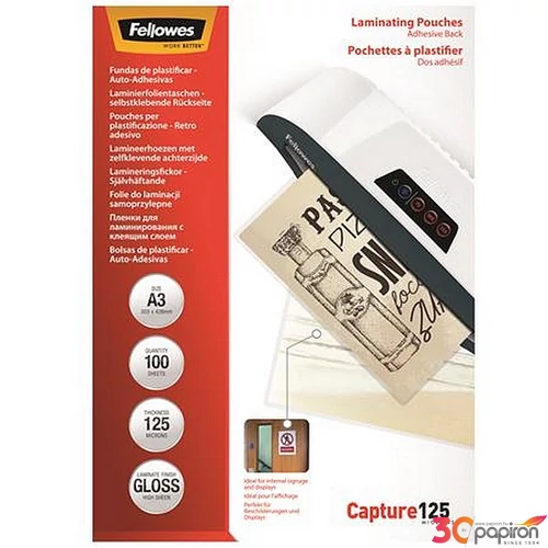 Meleglamináló fólia Fellowes 125 mikron, A3, fényes, öntapadó, 100 db