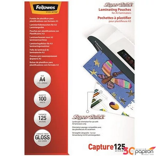 Meleglamináló fólia Fellowes 125 mikron, A4, SuperQuick, fényes,100db