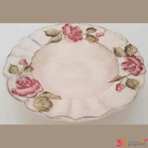 Tányér mély porcelán 24x5cm virágos bordó, kézzel festett