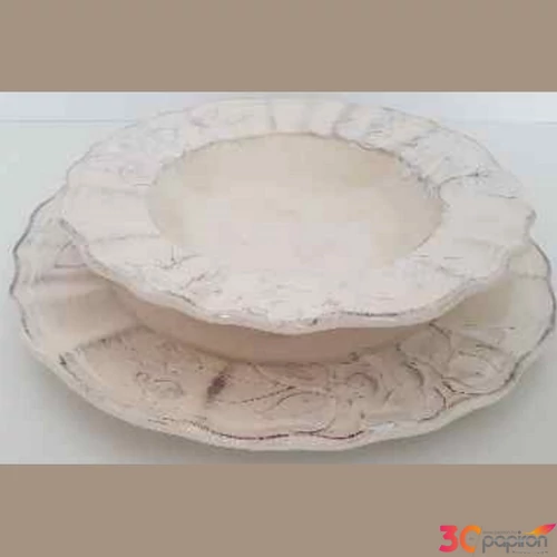 Tányér mély porcelán 24x5cm virágos natúr, kézzel festett