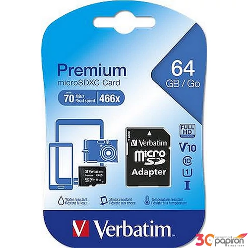 Memóriakártya microSDXC 64GB VERBATIM Premium adapterrel 70/10MB/s Adattárolók VERBATIM 44084