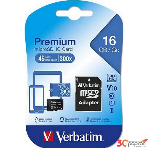 Memóriakártya microSDHC 16GB VERBATIM Premium adapterrel 45/10MB/s Adattárolók VERBATIM 44082