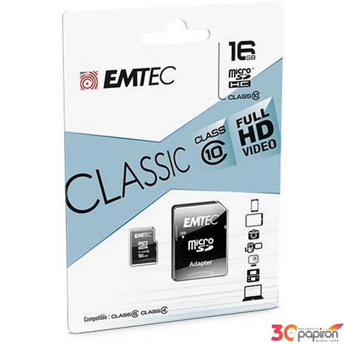 Memóriakártya microSDHC 16GB CL10 46011 MB/s adapter EMTEC Classic