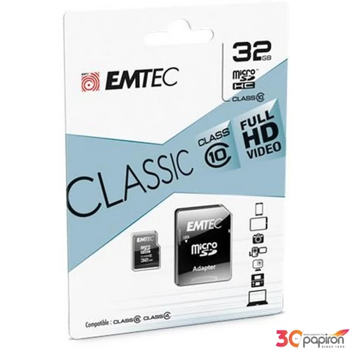 Memóriakártya microSDHC 32GB CL10 46011 MB/s adapter EMTEC Classic