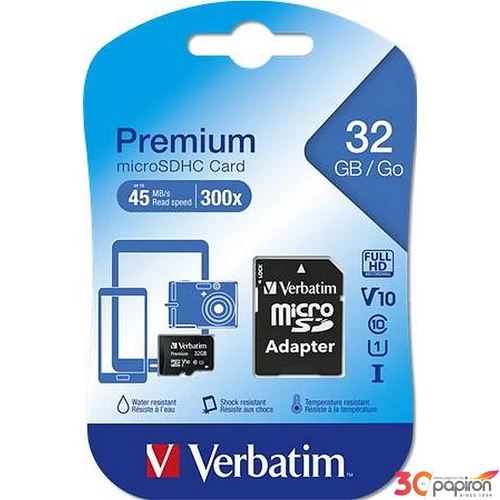 Memóriakártya microSDHC 32GB VERBATIM Premium adaterrel 45/10MB/s Adattárolók VERBATIM 44083