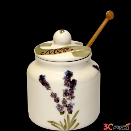 Méztartó kerámia levendulás Violin, kézzel festett, csurgatóval kézzel festett-7,5dl