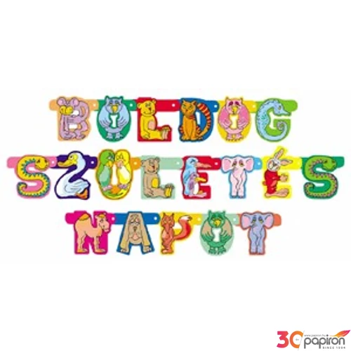 Party banner papír fűzér 2,2m Boldog születésnap állatos