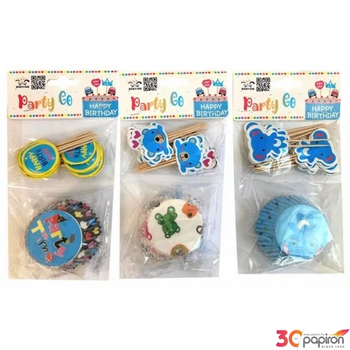 Muffin papír mintás szendvics pálcikákkal, fiús 24+24db