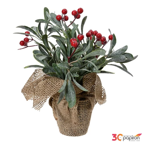 Selyemvirág művirág 24' zöld növény piros bogyóval Juta zsákban 23cm sdkae