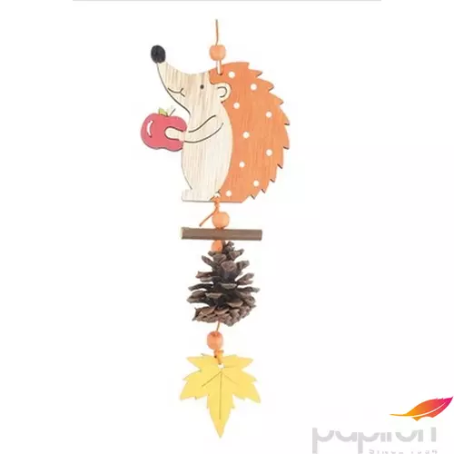 Őszi dekor akasztós süni, fából tobozzal, levelekkel