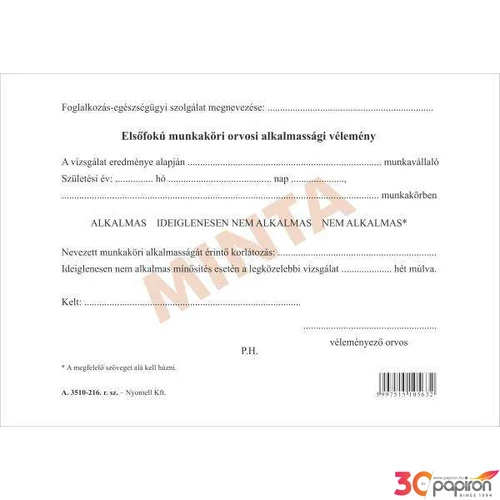 Ny A 3510-216 orvosi alkalmass Elsőfokú munkaköri orvosi alkalmassági vélemény A5