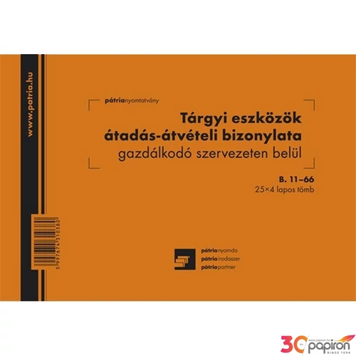 Ny B.11-66 A/5 25x4l fekvő Tárgyi eszközök átadás-átv. biz. szervezeten belül