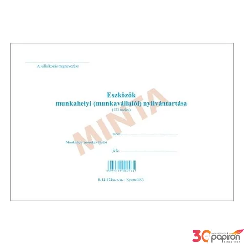 Ny B 12-172/A eszköz Eszközök munkahelyi nyilvántartó lapja