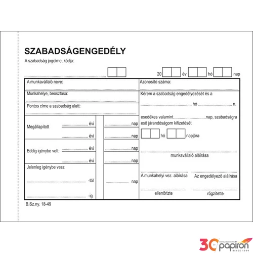 Ny B 18-49/V szabadságengedély Szabadságengedély 50x2 A/6 C