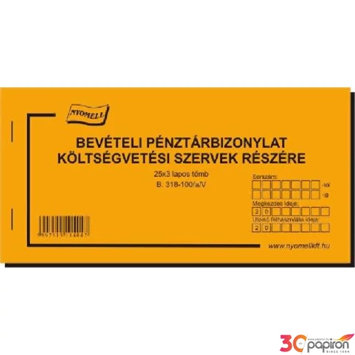 Ny B 318-100/A/V bevételi Bevételi pénztárbizonylat költségvetési szervek részére