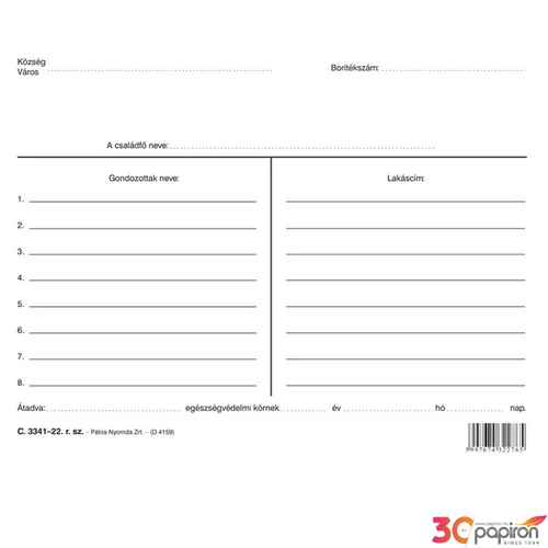 Ny C 3341-22 Gondozottak tasak Gondozottak tasakja 220x160mm Pátria
