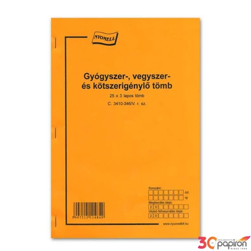 Ny C 3410-346/V kötszerigénylő Gyógyszer vegyszer és kötsz.i. tömb 25x3 lapos 203x295mm