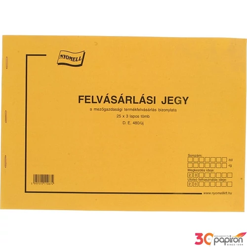 Ny D E 480/UJ/V Felvásárlási jegy, mezőgazdasági termékfelvásárlás bizonylat, 25x3 példányos A/4-es
