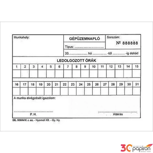 Ny D E 930/V gépüzemnapló Gépüzemnapló A/5 25x2