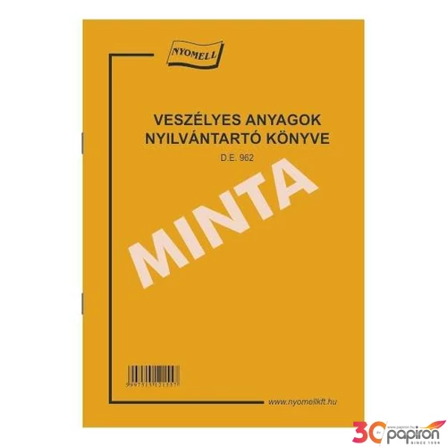 Ny D E 962 veszélyes hulladék Veszélyes anyagok nyilvántartó könyve A5