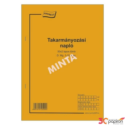 Ny D MG 3-10/V takarmánynapló Takarmányozási napló A3 50x2