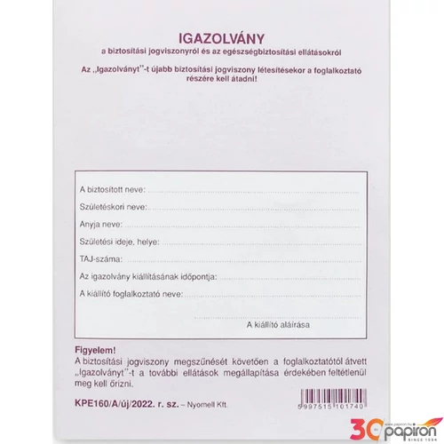 Ny KPE160/A TB igazolvány TB igazolvány , 3500-107 KPE.160/BP