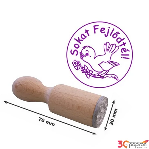 Jutalmazó bélyegző Sokat Fejlődtél felirat madár logo 70mm össz hosszúság, 20mm átmérő