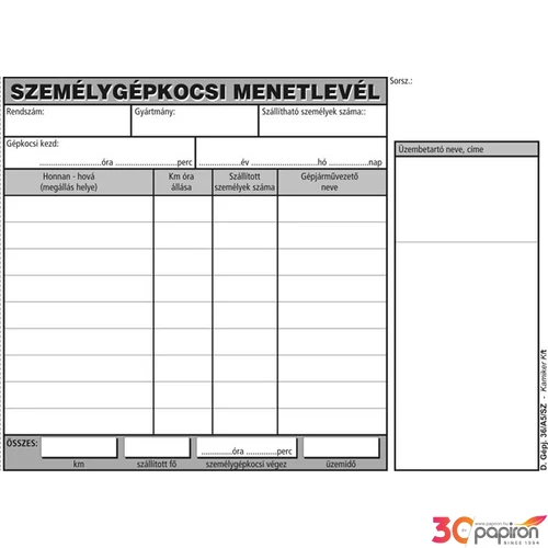Ny D Gépj 36 A/5 menetlevél személygépkocsi menetlevél A5 NVDGEPJ36A4