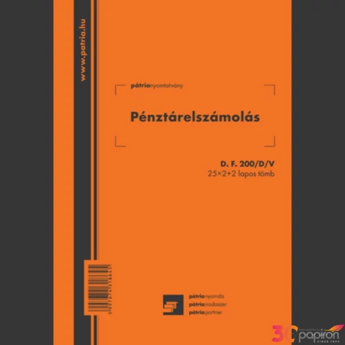 Ny D F 200/d pénztárelszámolás Pénztárelszámolás 25x2+2 lapos A5 álló Pátria