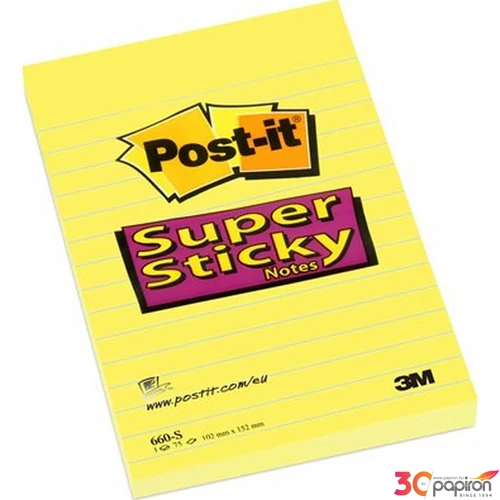 Öntapadó jegyzettömb 102x152mm 3M POSTIT "Super Sticky", sárga 75 lap, vonalas