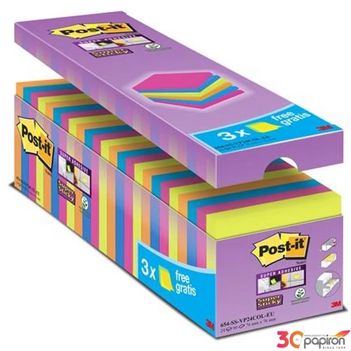 Öntapadó jegyzettömb 3M/POSTIT Super Sricky 76x76mm 24x90lap vegyes 654-SS-VP24COL-EU