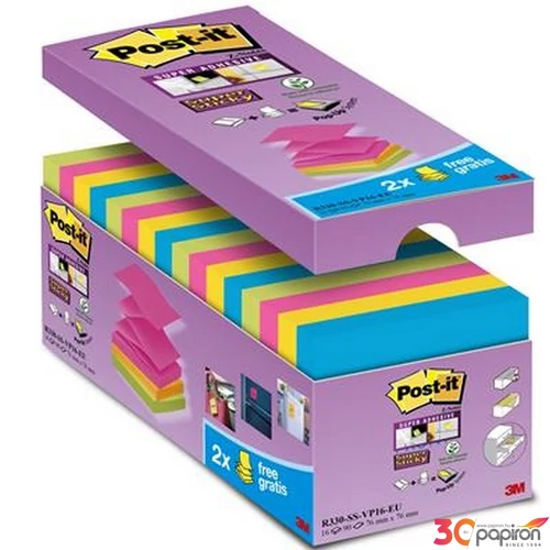 Öntapadós jegyzetömb 76x76mm Z 3M POSTIT, "Super Sticky", vegyes 16x90lap/dob 70005251601