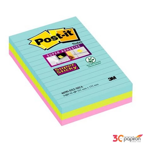 Öntapadós jegyzettömb 101x152m vonalas, 3x90 lap, 3M POSTIT Super Sticky Miami", vegyes színek
