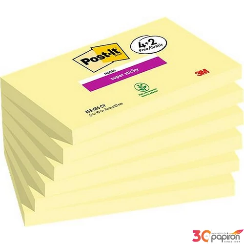 Öntapadós jegyzettömb 3MPostit 76x127 mm, 4+2x90 lap, Super Sticky kanári sárga